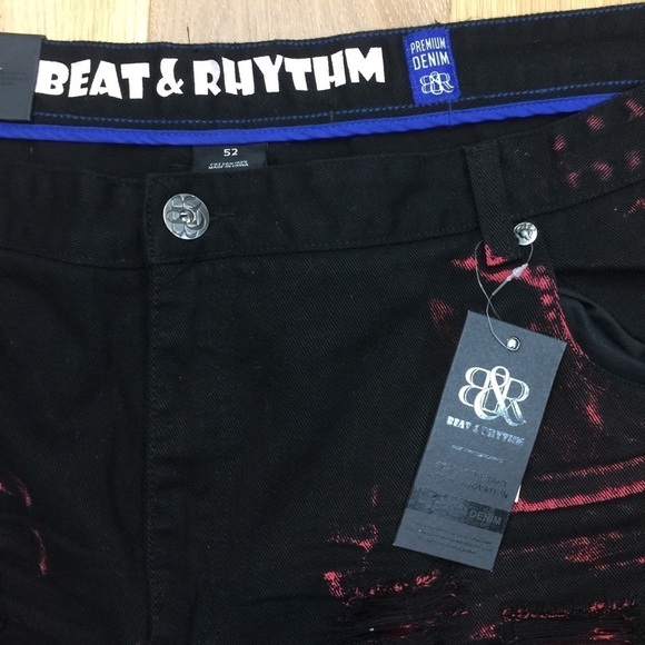 Beat & Rhythm Distressed Black & Red Jean Shorts - Picture 2 of 6